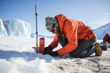 A climatologist drilling an ice core sample on a glacier  - obrazy, fototapety, plakaty
