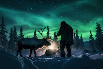 A reindeer herder tending the herd under the northern lights  - obrazy, fototapety, plakaty