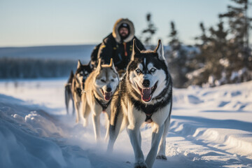 Naklejka premium A musher harnessing a sled dog in a winter landscape 