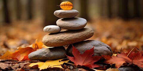 Zen Stones Nestled in Autumn's Embrace - Forest Serenity & Tranquil Balance - Earthy Harmony