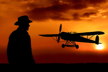 Pilot walking away after a mission at sunset. Neural network AI generated art