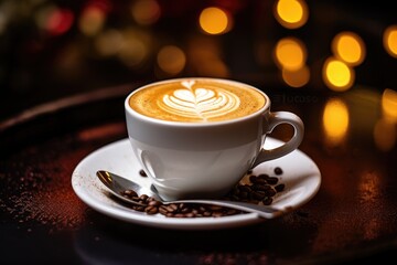 Cappuccino with a beautiful, lush foam stands on the table against a background of blurred lights. The atmosphere of the holiday.