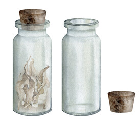 Set of glass jar, vase with wooden stopper, lid. Watercolor hand drawn clipart isolated on white background. set of beakers for biological and medical experiments. handmade illustration.