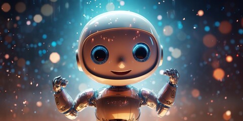 Fototapeta premium A whimsical robot character with oversized eyes and a playful expression, surrounded by digital sparkles