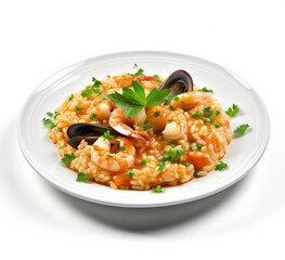 A plate of seafood risotto isolated on white background 