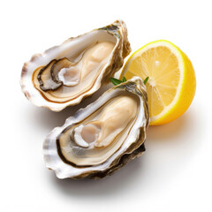 A raw oyster with lemon slice isolated on white background 