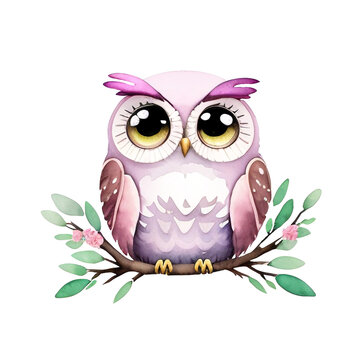 Cute owl on a branch with flowers. Watercolor illustration