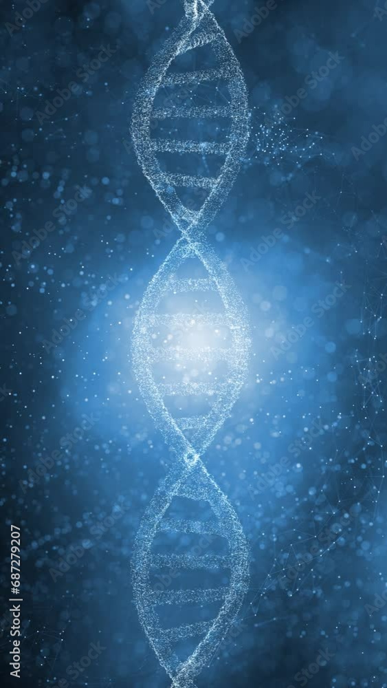 Aufkleber blue abstract dotted background with 3d dna chain loop rotation. vertical animation.