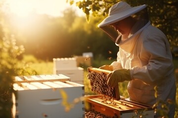 man collecting honey from bees
