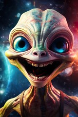 An expressive alien character with bright colors and an enchanting smile, floating in a virtual galaxy