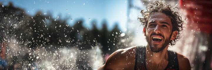 A marathon runner splashing water on their face at a hydration station the concept of hydration 