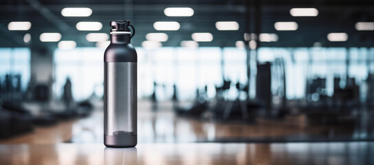 A single water bottle with condensation in a gym setting the concept of hydration  - obrazy, fototapety, plakaty