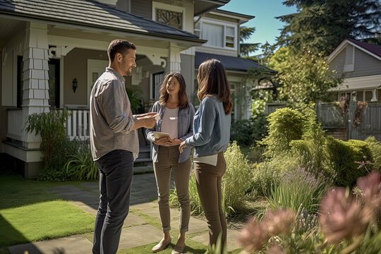 Real Estate Agent Showing A Home, House, Residential Property, Single-family Home Unit.  Homeowners, Renters, Couple, Standing In The House, Talking, Discussing, Pros & Cons Of The Home.