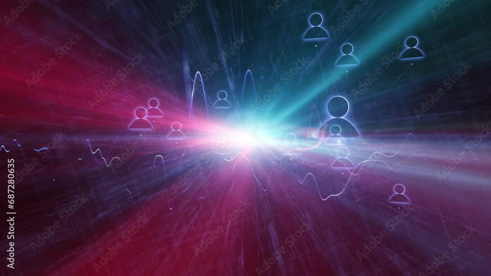 Poster seamless loop dark violet blue digital network with people icons animation.