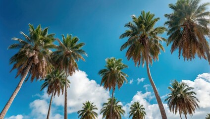 Low angle view of tall green palm trees with coconuts against a clear blue sky, giving a tropical ambiance