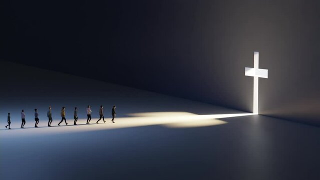 People Walking Towards a Huge Cross Passage - conceptual religious 3d animation - side view