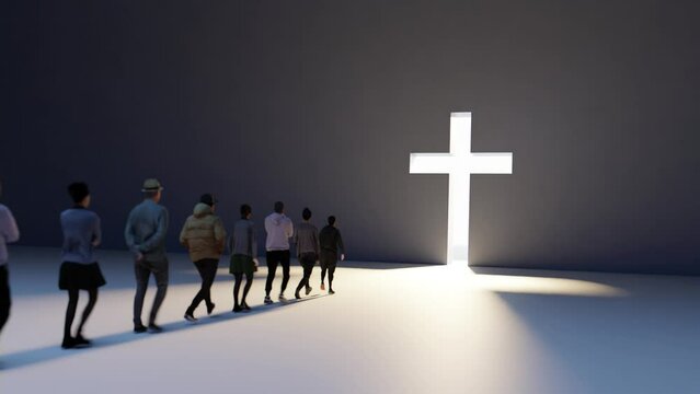 People Walking Towards a Huge Cross Passage - conceptual religious 3d animation - moving from right to left
