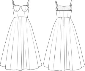 shoulder straps long maxi princess dress flared a line template technical drawing flat sketch cad mockup woman fashion  - obrazy, fototapety, plakaty
