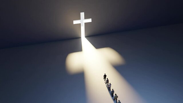People Walking Towards a Huge Cross Passage - conceptual religious 3d animation - view from above
