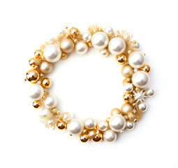 Obraz premium Golden New Year Decor of gold Christmas balls on isolated white background with round frame. Copy space