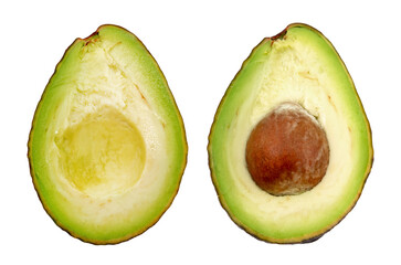 Avocado cut into two halves on a white background. Avocado halves isolate