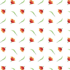 Watercolor red tulip buds and green leaves seamless pattern. Hand drawn illustration with colorful spring flowers for textile design or wrapping paper. Texture for print on isolated background. Floral