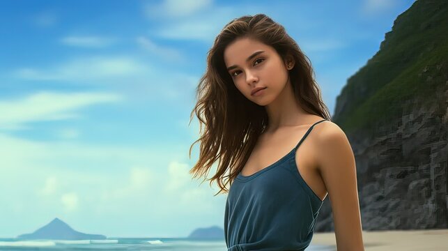 horizontal AI illustration. Latin teen teenager girl on a tropical beach. Landscapes and nature.