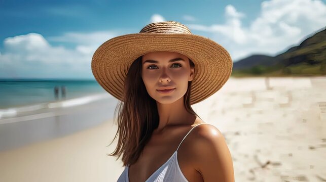 Horizontal AI illustration. Woman young adult, with hat on a tropical beach. Landscapes, nature.