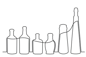 Sketch drawing of a bottle of different shapes in the style of one solid continuous line. Collection of alcoholic drinks