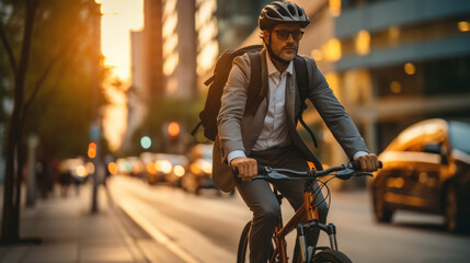 Businessman wearing helmet ride bicycle on long road in city in sunset.Generated AI.