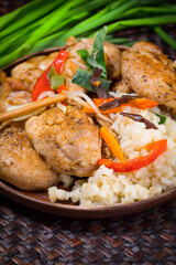 Fried pieces of chicken.