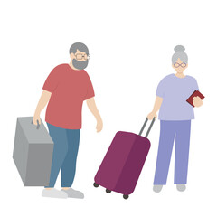 Elderly couple with suitcases, isolate on white, flat vector, faceless illustration, grandparents traveling