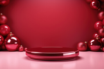 Glossy Crimson Christmas Background with a Reflective Podium Mockup 