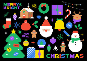 Merry Christmas collection. Happy New Year decorative elements. Xmas colorful sticker icon set. Deer, Cookie house. Holiday pattern. Isolated, black background. Trendy style vector flat illustration.