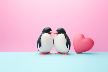 Two penguins with a heart. Minimal concept of love.