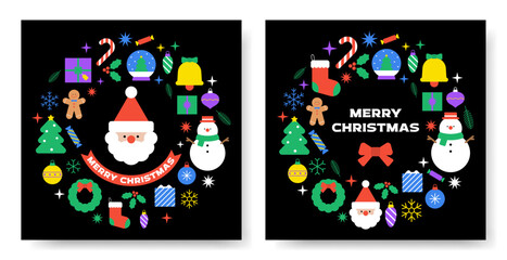 Merry Christmas collection. Happy New Year decorative elements. Xmas colorful sticker icon set. Deer, Cookie house. Holiday pattern. Isolated, black background. Trendy style vector flat illustration.