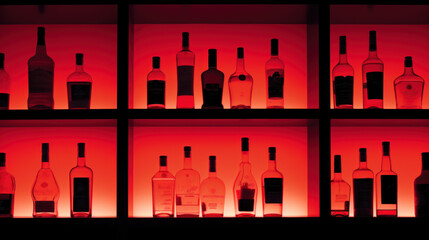 Back lit bottles in a cocktail bar, vibrant neon red light