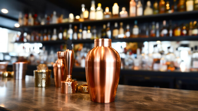 Classic marble bar counter with copper shakers and glassware