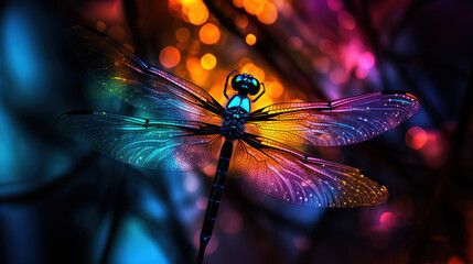 Unreal, fantastic neon glowing dragonfly