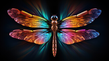 Fototapeta na wymiar Unreal, fantastic neon glowing dragonfly