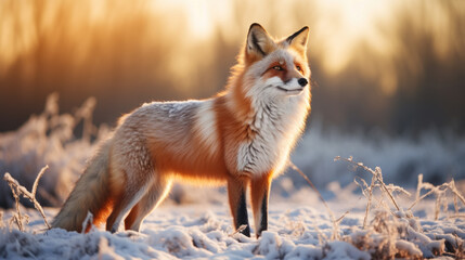 Fluffy red fox in winter meadow