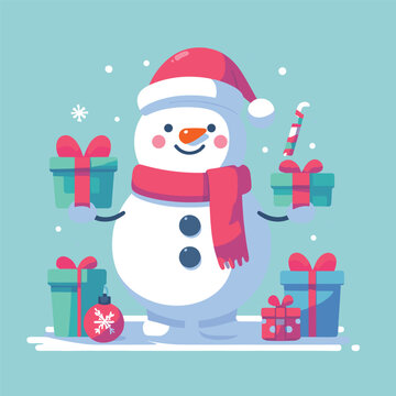flat Snowman with with gifts and tree vector illustrations on a white background