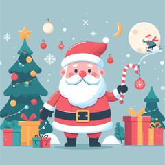flat Santa with with gifts and tree vector illustrations on white background