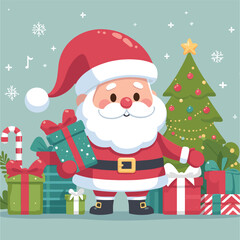 flat Santa with with gifts and tree vector illustrations on white background