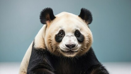 Giant panda looking forward with a gentle gaze, its iconic black and white fur set against a cool...