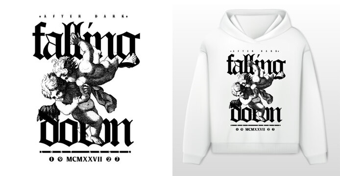 Art design of urban featuring an illustrated angels, victorian illustration. Gothic font texts add an authentic urban, white hoodie and template. Perfect for clothing patterns seeking