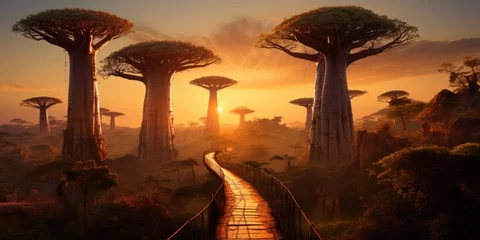 Fotobehang Baobabs at sunset. Beautiful landscape of trees of tropical Africa. Generative AI © 22_monkeyzzz