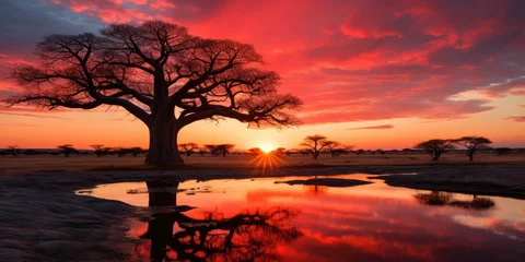 Rolgordijnen Landscape of Baobab trees near a lake, landscape of tropical Africa. Generative AI © 22_monkeyzzz