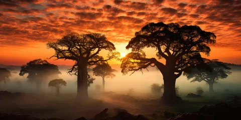 Selbstklebende Fototapeten Baobab trees against the backdrop of sunset in the fog, landscape of Africa. Generative AI © 22_monkeyzzz
