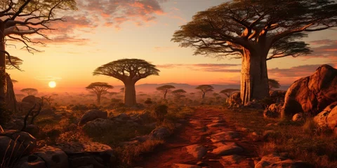 Deurstickers Baobabs at sunset. Beautiful landscape of trees of tropical Africa. Generative AI © 22_monkeyzzz